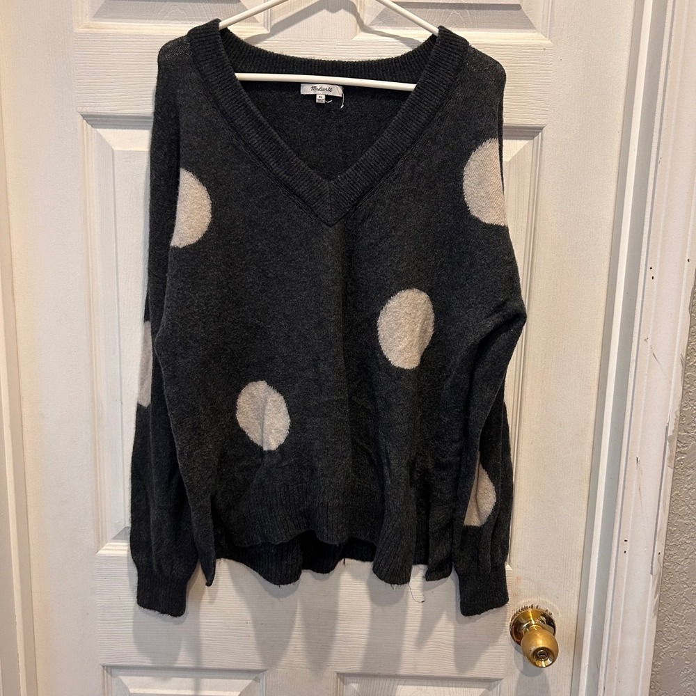 Madewell Polka‎ Dot V Neck Wool Blend Sweater Womens XL Charcoal Cream